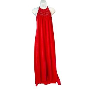 Billabong Maxi Sundress Dress Halter X-Small Raspberry Crochet Cotton Ga…